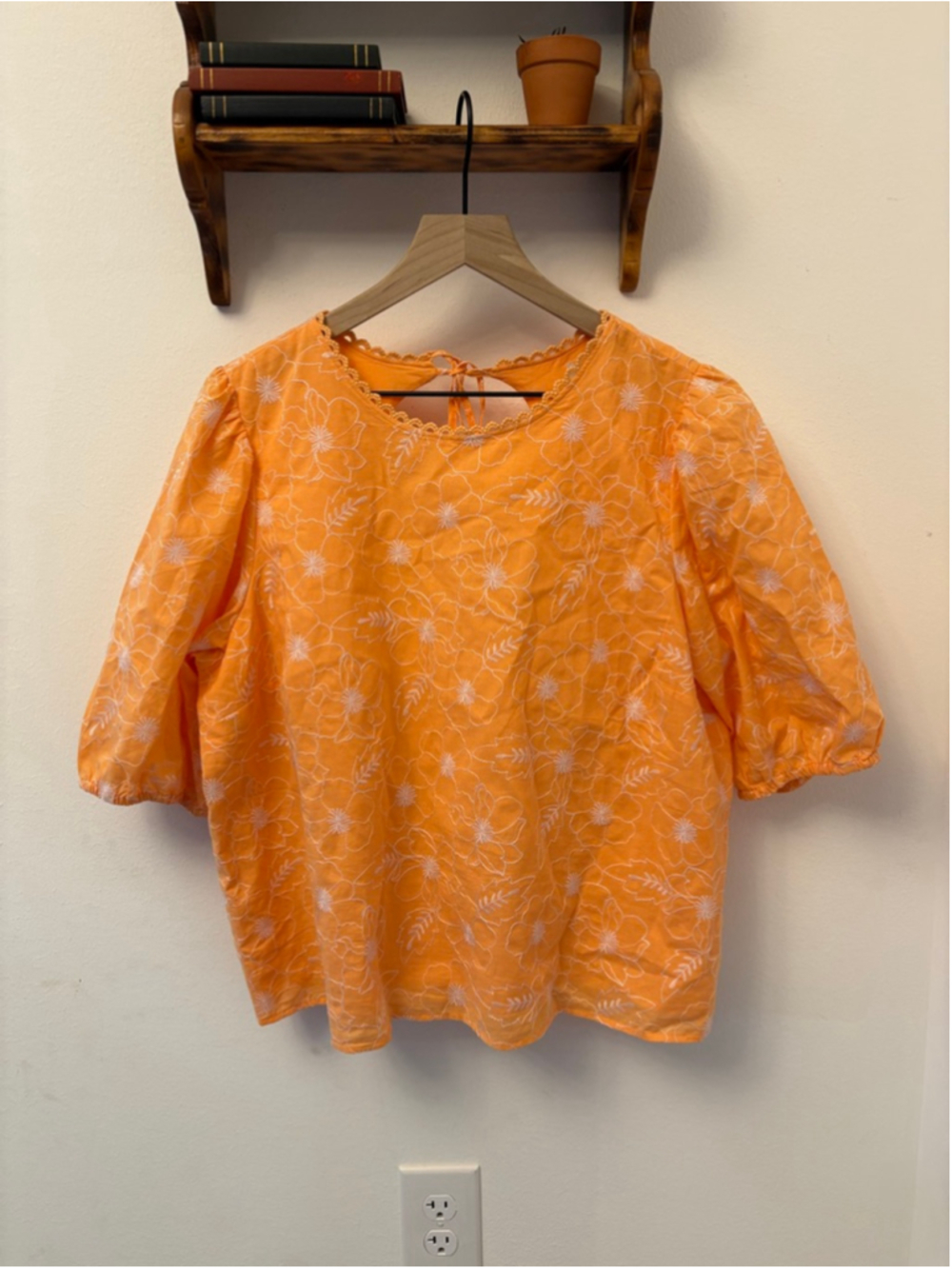 LOFT Orange Floral Embroidered Cotton Blouse XL Cottagecore Boho Puff Sleeve Top